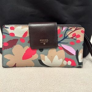 Fossil Logan RFID Tab Clutch Wallet, Multicolor Floral and Brown